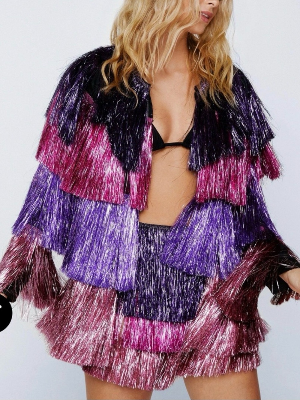 Nasty Gal tinsel Fringe Jacket size 10 purple pink shiny shimmer